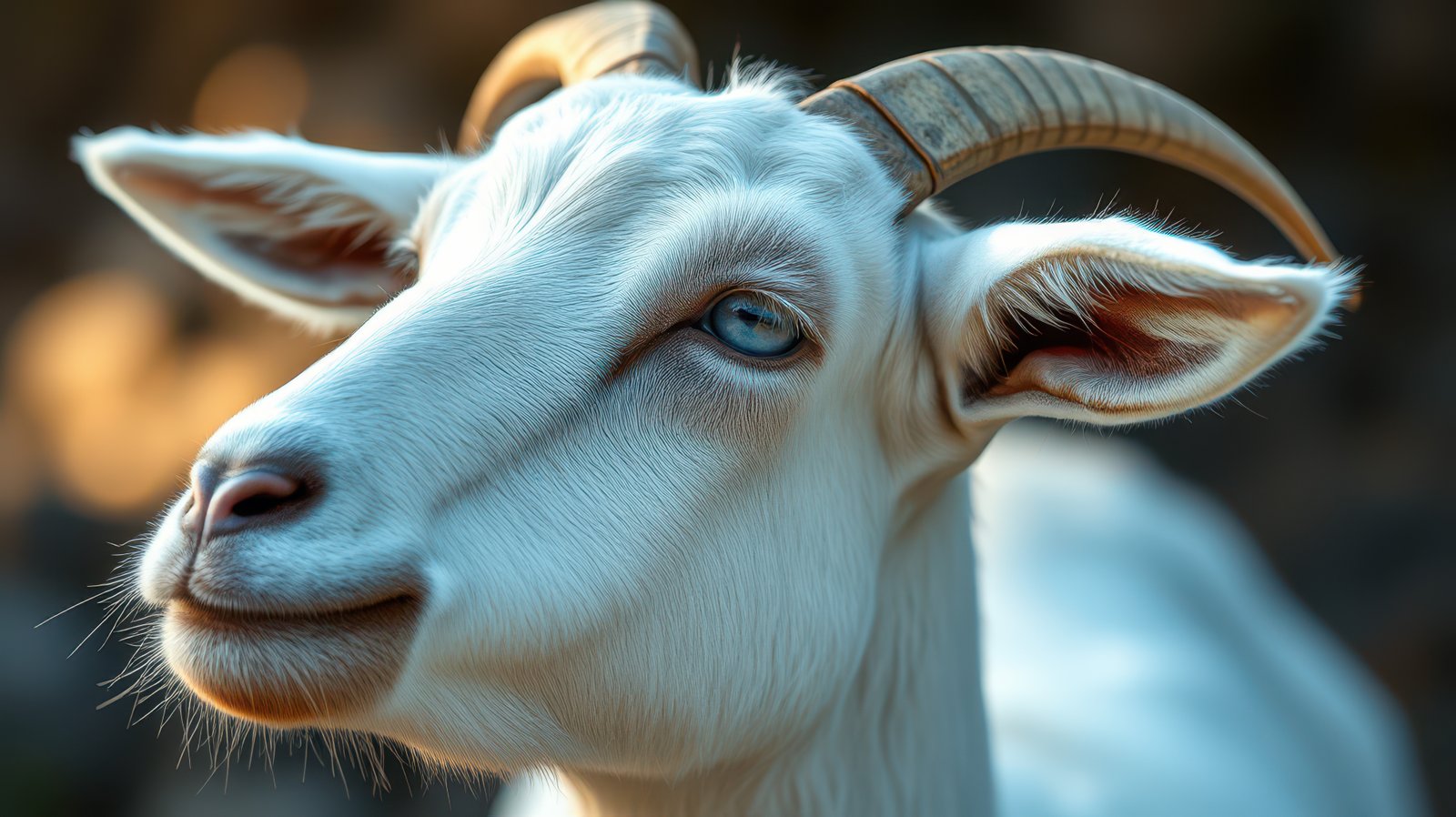 White goat with horns standing in soft light and looking curious in a natural setting during early evening hours